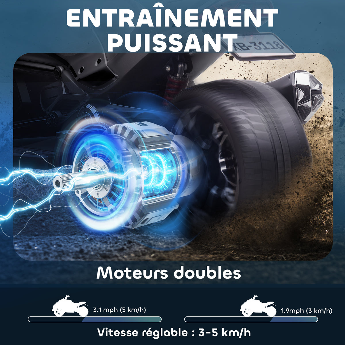 Quad électrique enfants voiture électrique enfants 12V 3 roues 2 moteurs lecteur MP3, klaxon, 2 vitesses 3-5 km/h noir-3