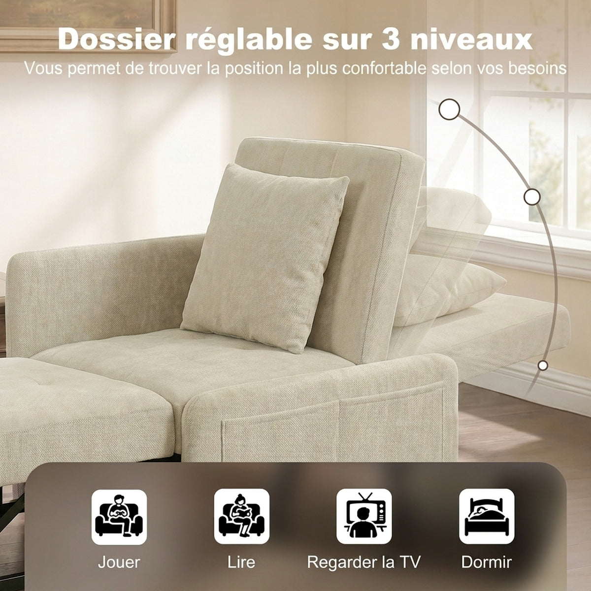 Fauteuil Convertible 1 Place, Fauteuil-Lit Clic-Clac 4 en 1 Rembourré en Chenille, Dossier Réglable, Assise Large, Beige-4