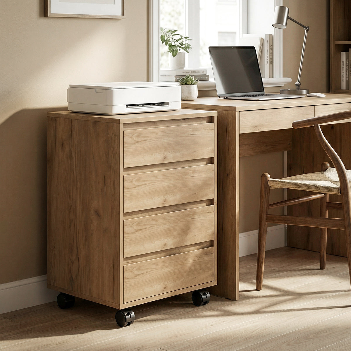 Caisson de bureau rangement bureau sur roulettes 4 tiroirs coulissants en bois aspect bois marron-1