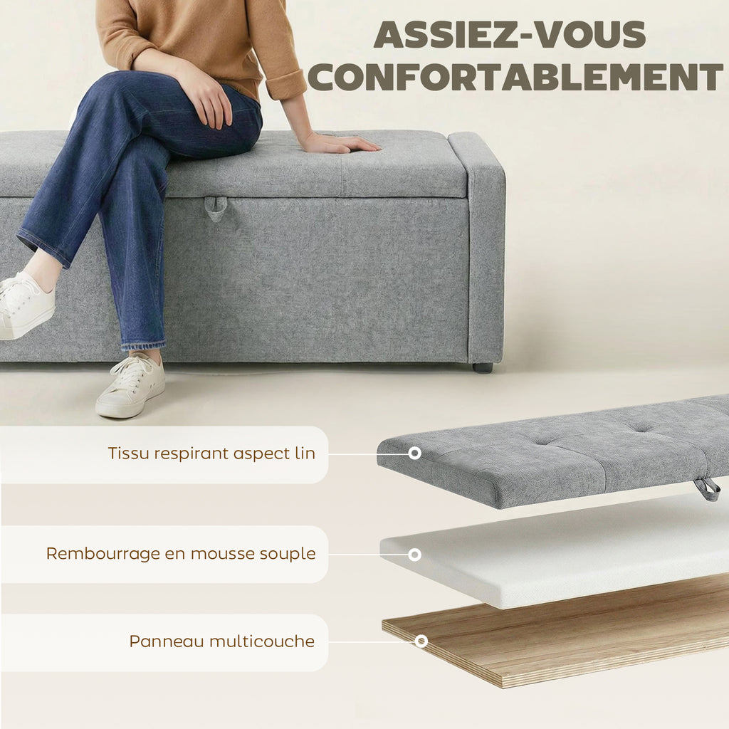 Banc de rangement, bout de lit, repose-pieds rembourré en lin avec assise large, 122 x 48 x 44 cm, gris clair-4