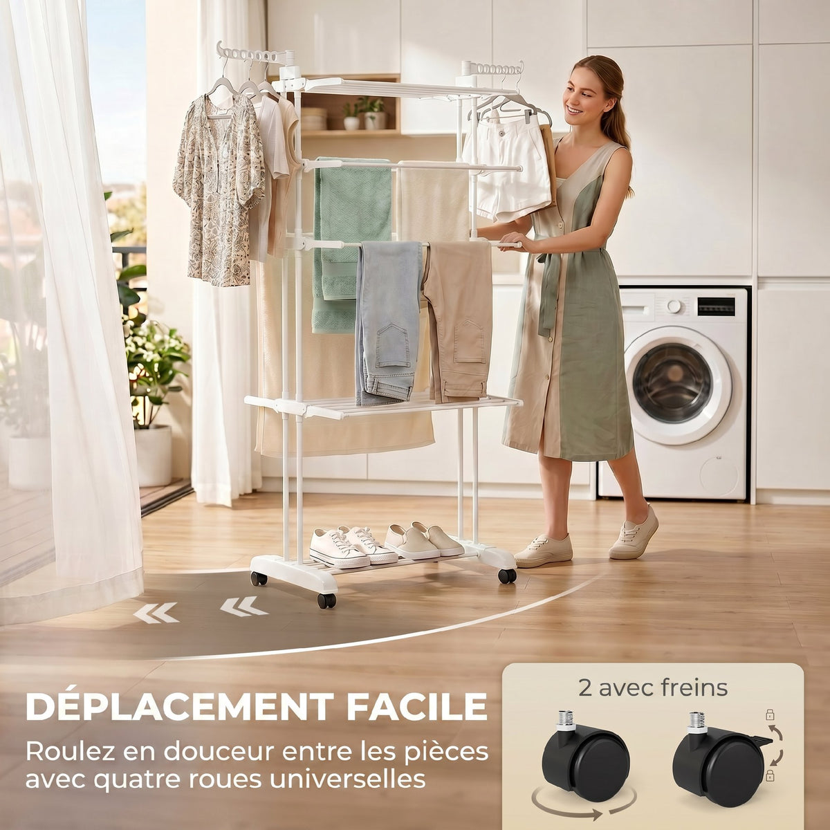 Séchoir à linge pliable 4 niveaux avec roulettes, étendoir linge intérieur avec ailes latérales, cadre en acier, blanc-4