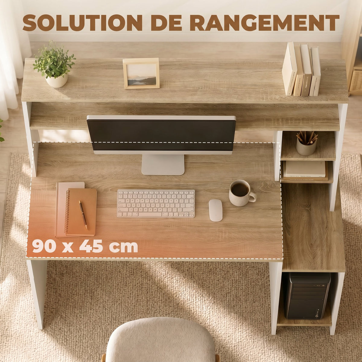 Bureau Informatique, 114 x 45 x 138 cm, Bureau avec Rangement, Étagères Ouvertes et Support UC, Blanc et Bois Naturel-4