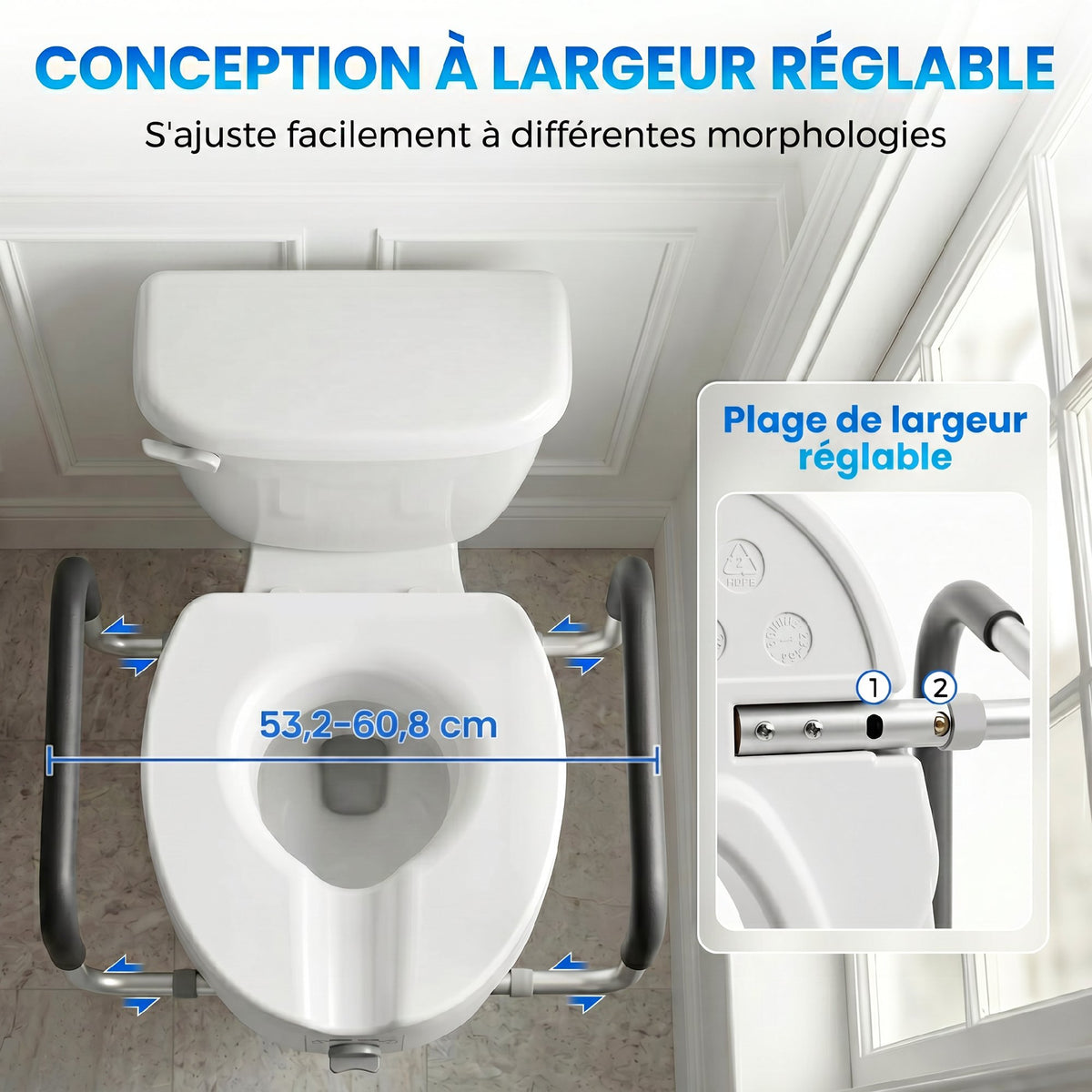 Rehausseur de siège de toilettes avec poignées, largeur réglable, accoudoirs rembourrés, blanc-4