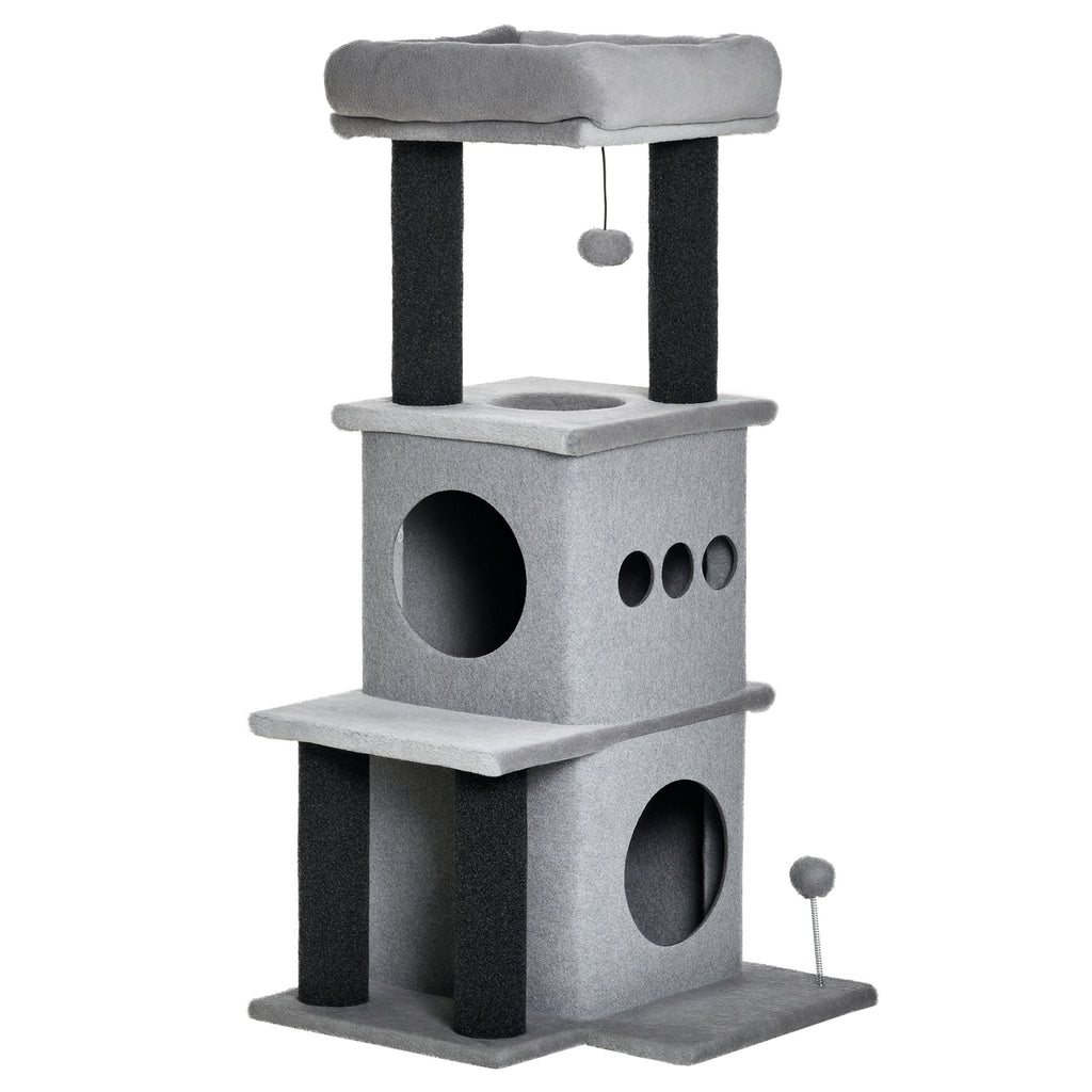 Arbre à chats design cosy chic multi-équipements centre d'activités niches plateformes lit jeu boule feutres amovibles lavables panneaux de particules peluche courte 48 x 48 x 100 cm gris-0