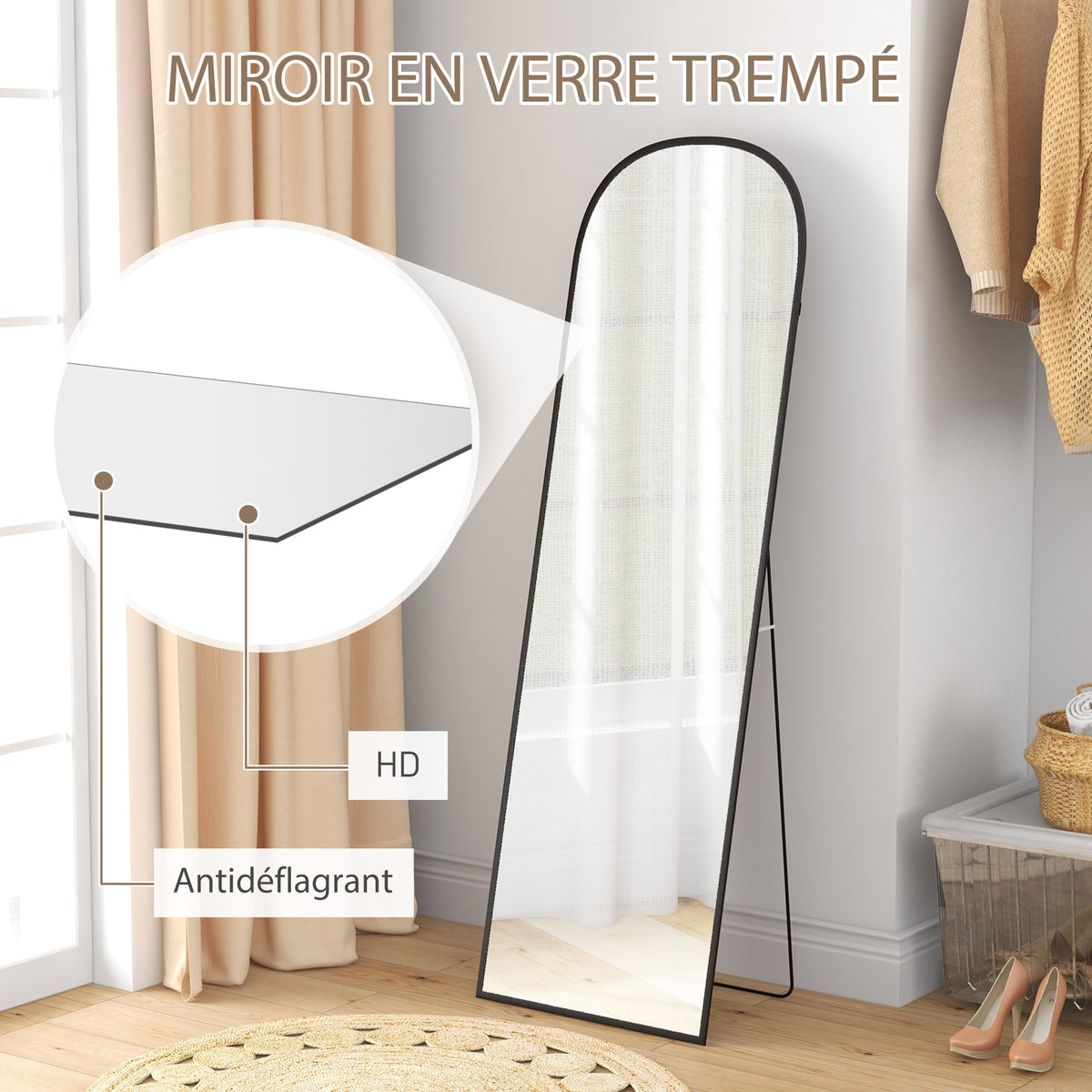 Miroir sur pied rectangulaire arrondi cadre en aluminium avec support pour entrée chambre dressing 50 x 161,5 cm noir-4