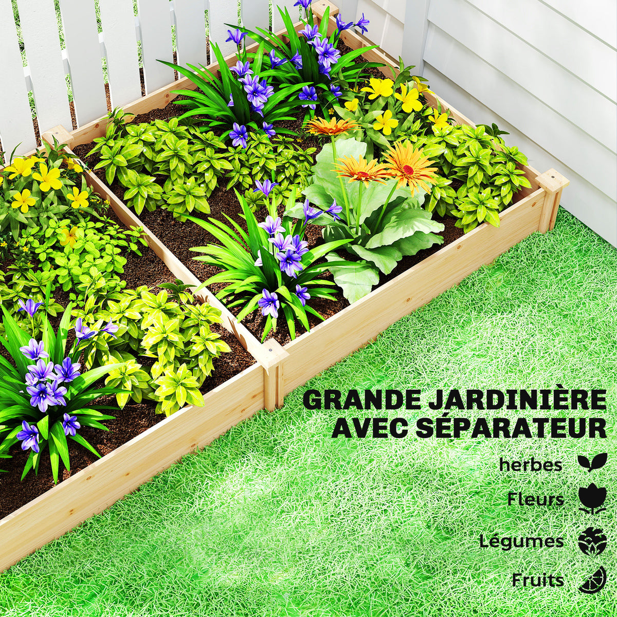 Carré Potager de jardin en Bois massif, Jardinière Surélevé avec séparateur, 235 x 121 x 26 cm, effet Bois Naturel-3
