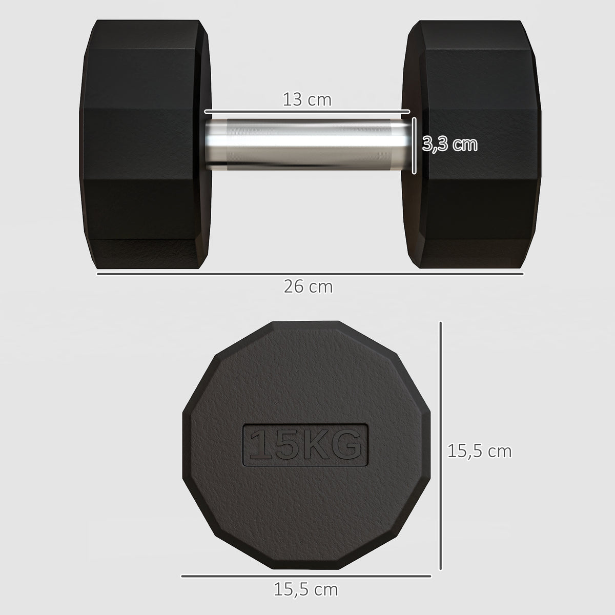 Haltère poignée antidérapante, fitness, sport à domicile, 15kg, noir-2