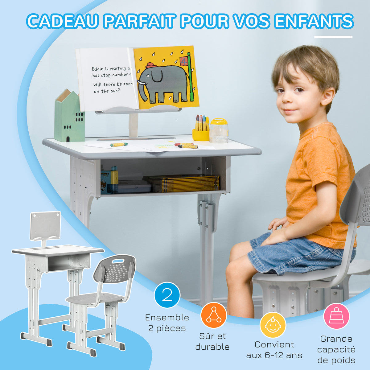 Bureau et chaise pour enfant avec support de lecture casier crochet et porte stylo 60 x 45x 90-102 cm gris-3