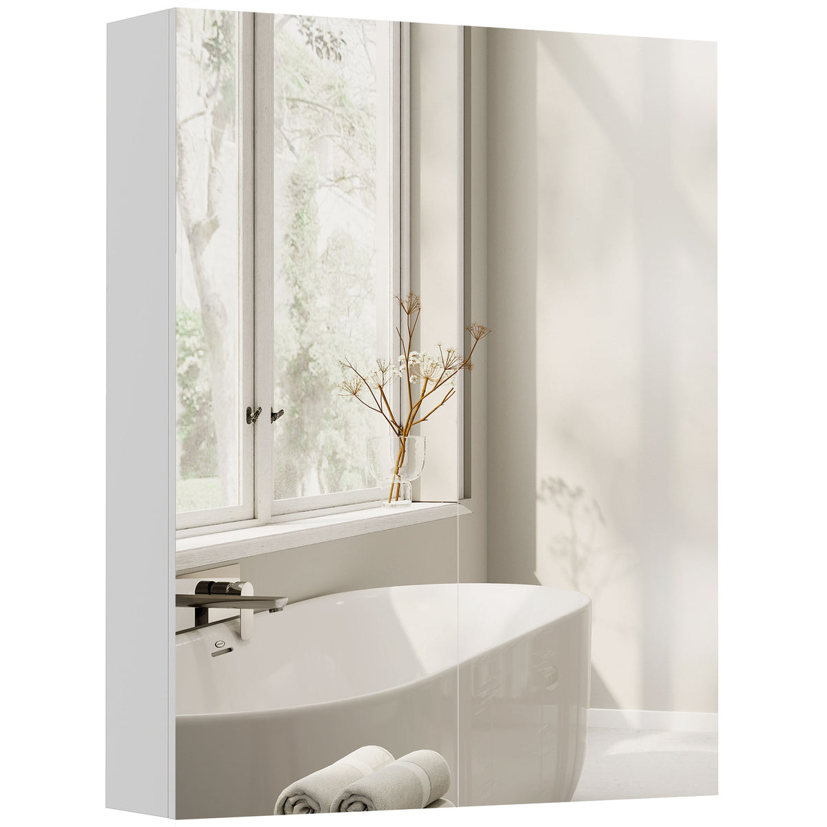 Armoire avec Miroir en Bois Rangement Salle de Bain Fermeture Porte Tampon MDF-0