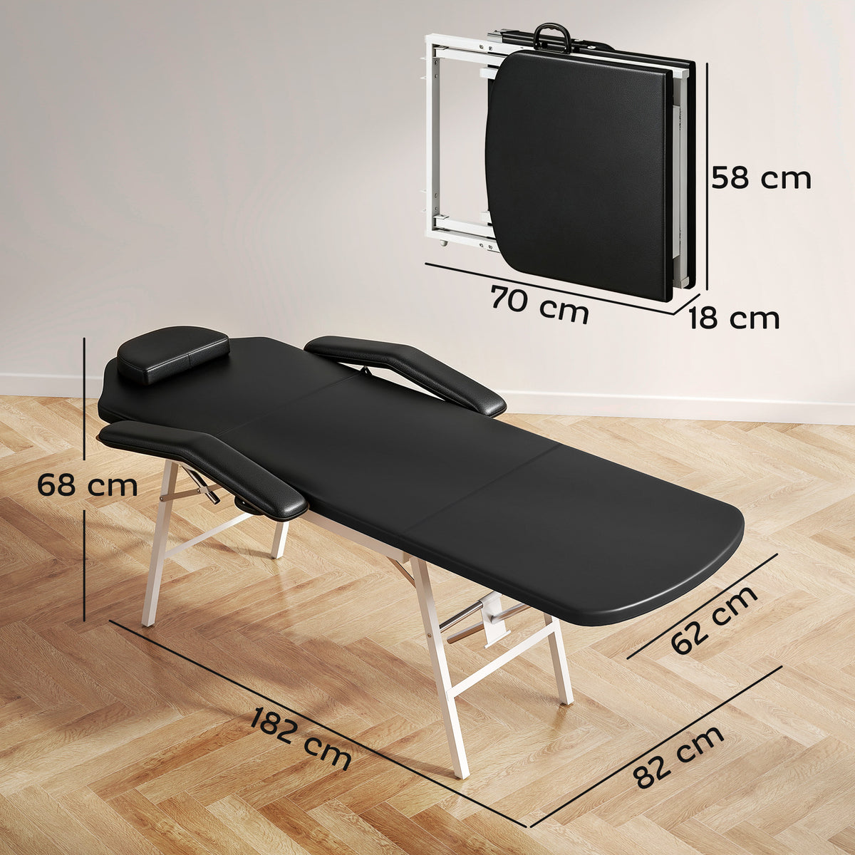 Table de massage pliante, lit de massage 3 zones portable 182 x 62 cm avec appuie-tête et accoudoirs amovibles, noir-2