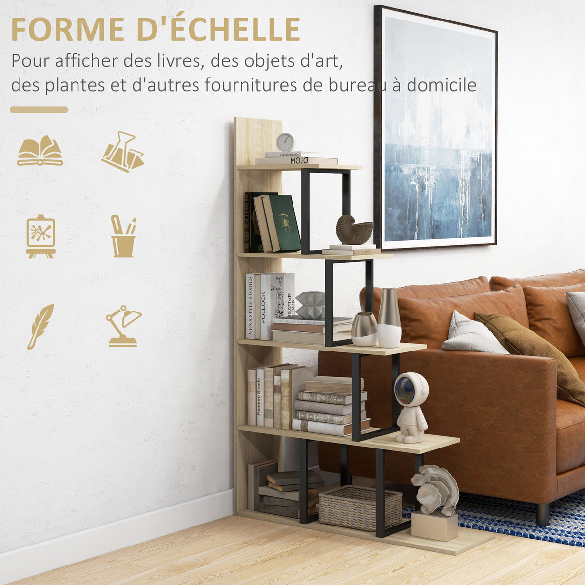 Étagère bibliothèque séparateur de pièce style industriel en escalier 5 étagères 102 x 30 x 160 cm coloris chêne-3