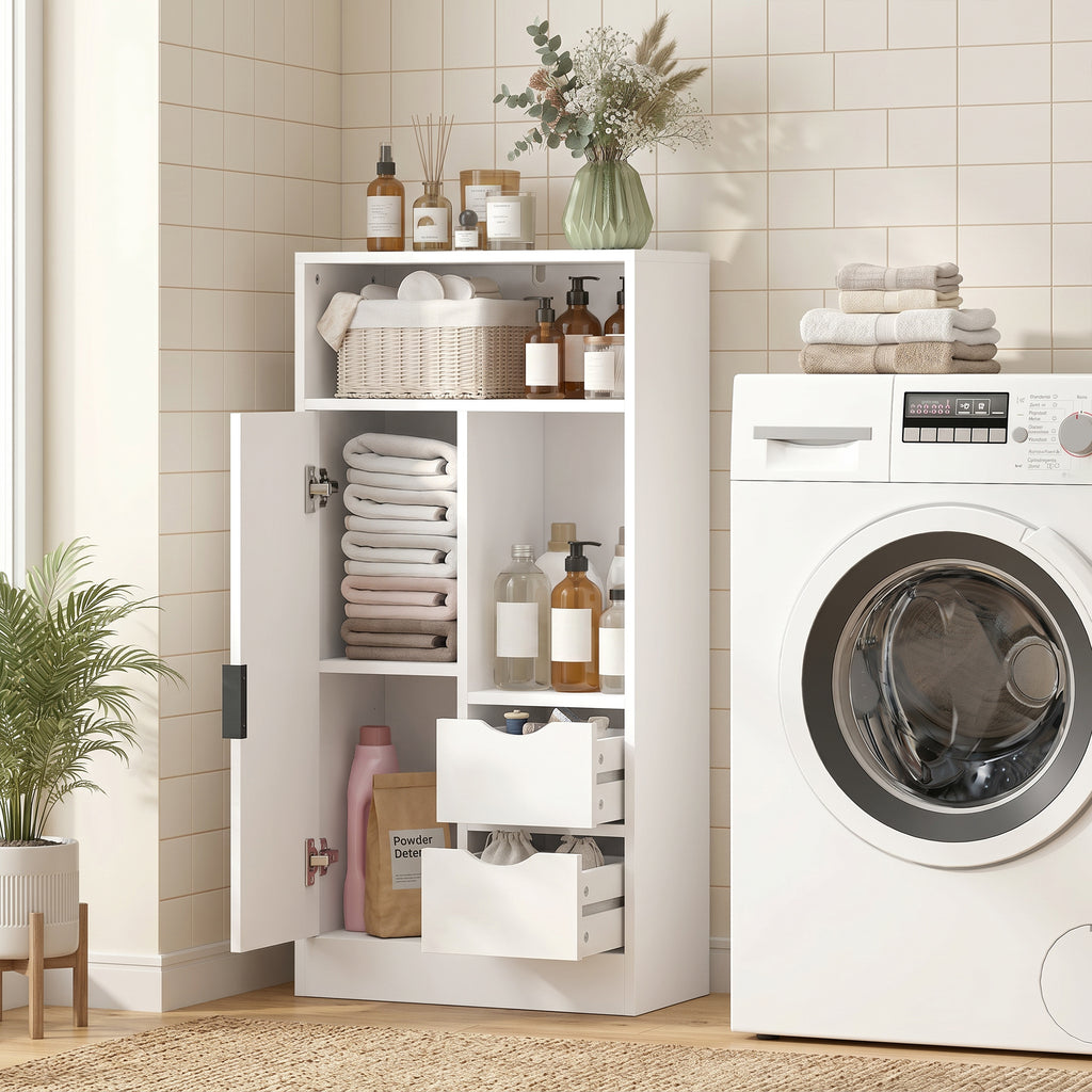 Meuble de salle de bain, meuble de rangement étroit avec 2 tiroirs, compartiments ouverts, 50x25x100cm, blanc-8