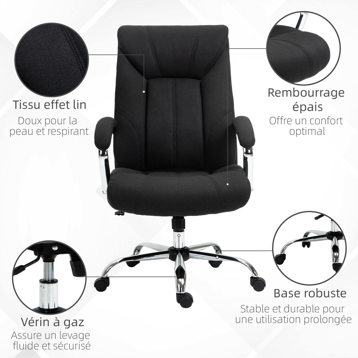 Fauteuil de bureau, chaise de bureau ergonomique, hauteur réglable, dossier haut, fonction de bascule, 65x78x118cm, noir-6