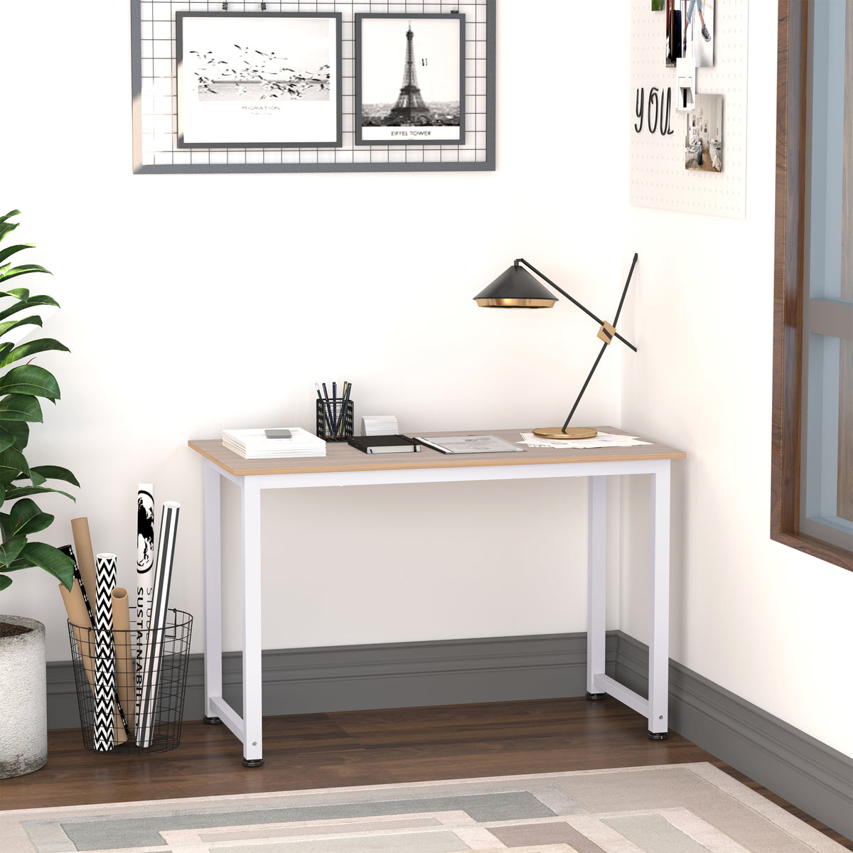 Table ordinateur table salle à manger 120x60x76cm chêne et Blanc Multifonction Grand Plateau Cadre Robuste métal-1