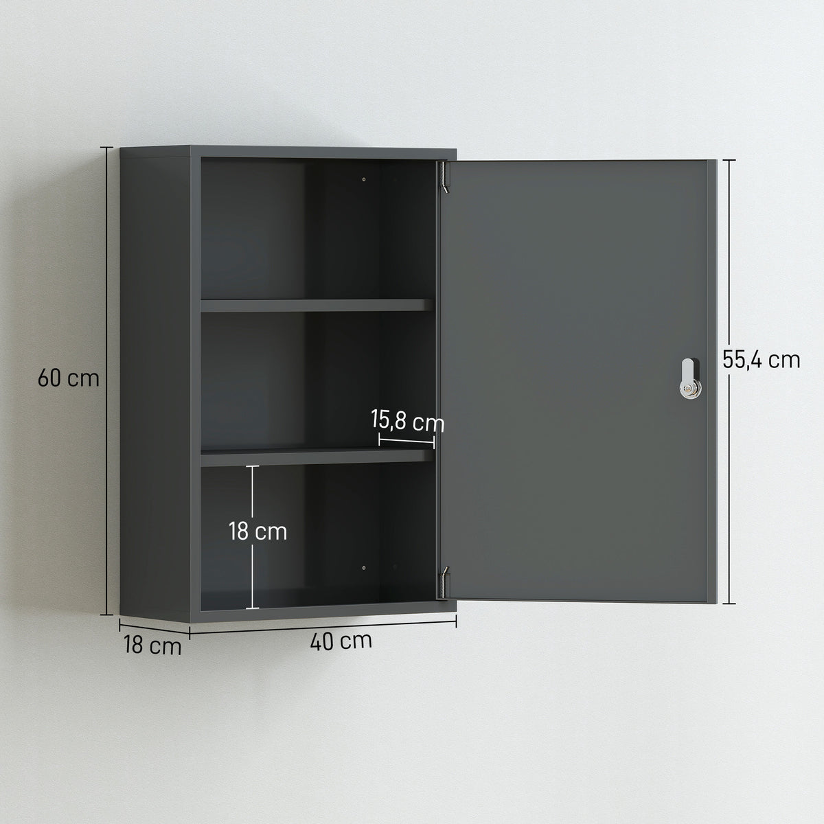 Armoire à Pharmacie 2 Étagères 3 Niveaux Verrouillable, Dim. 40L x 18l x 60H cm, 2 Clés, Métal, Gris Fumé-2