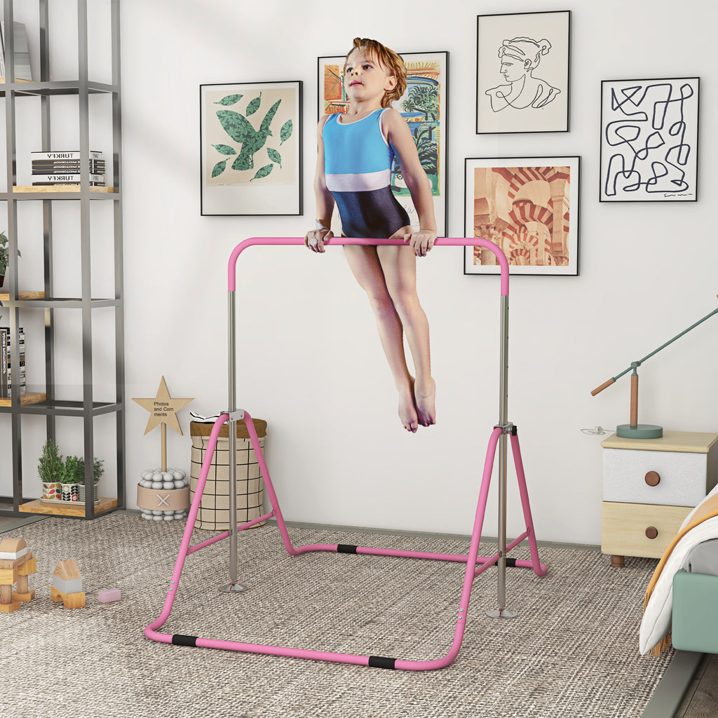 Barre fixe de gymnastique pour enfants pliante hauteur réglable de 88 à 128 cm rose-1