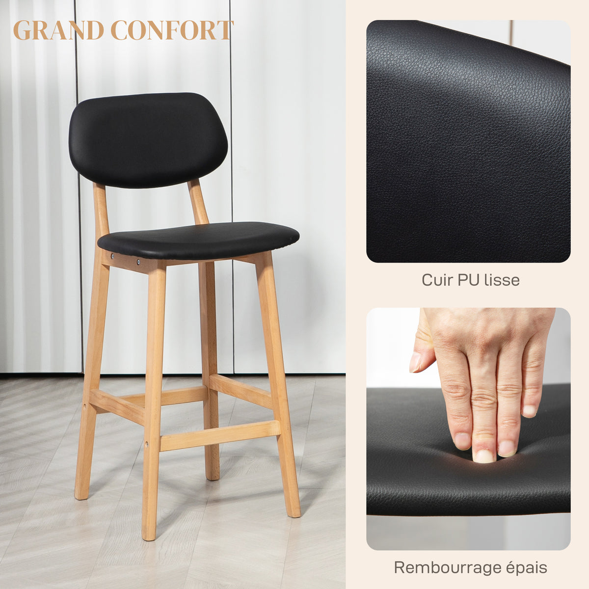 Lot de 2 tabourets de bar, chaises hautes, revêtement synthétique avec dossier et pieds en bois, noir-4