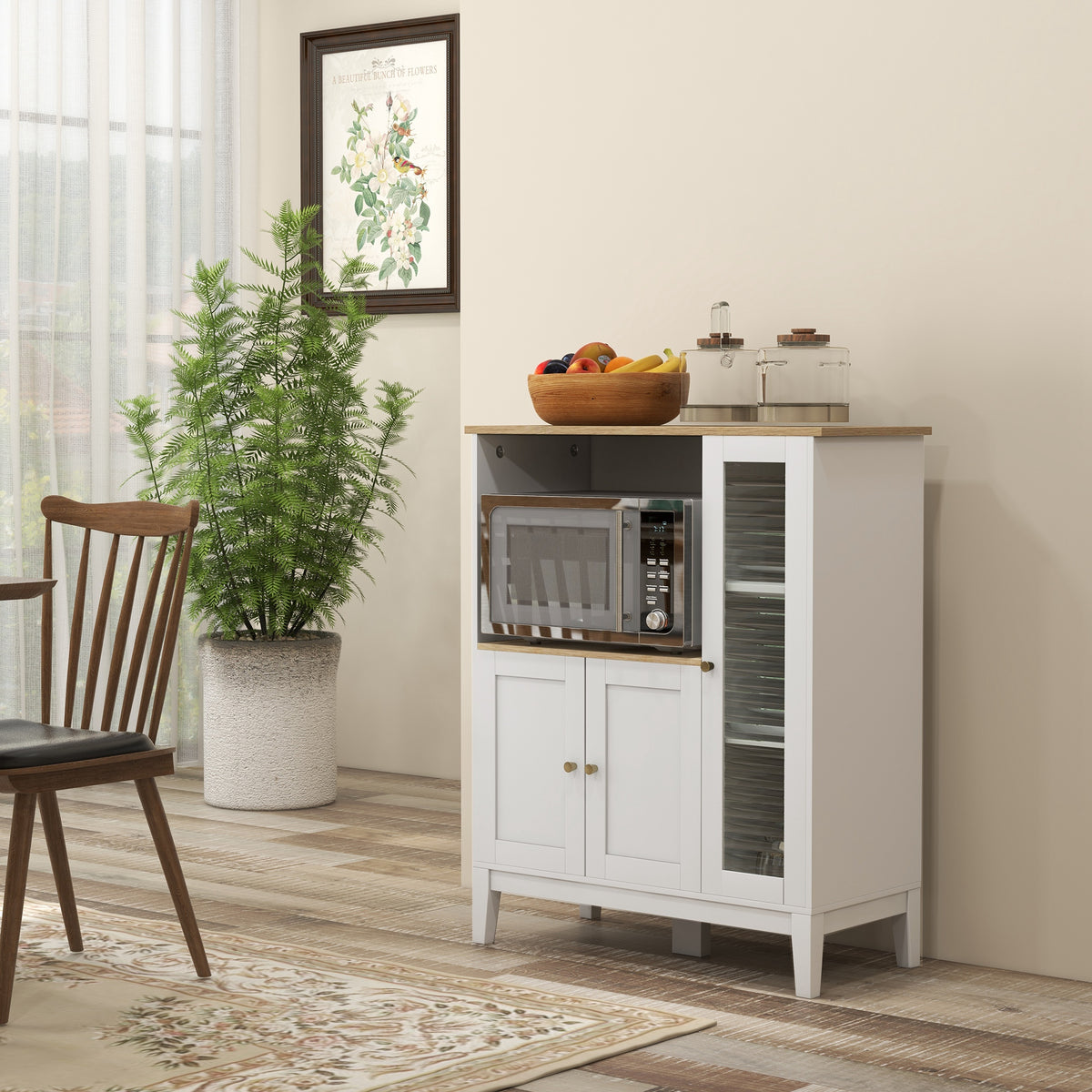 Meuble armoire micro-ondes pour cuisine avec 1 niche, 3 portes passe-câbles 80 x 35 x 97 cm blanc et aspect bois-1