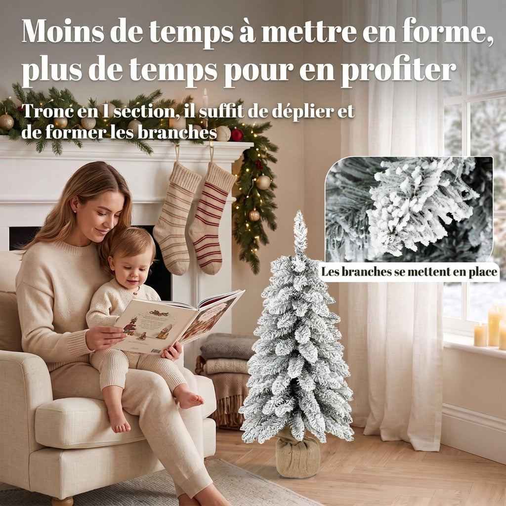 Sapin de Noël Artificiel 90 cm, 107 Embouts de Branches Enneigés en PVC, Base en Toile de Jute, Montage Rapide, Blanc-5