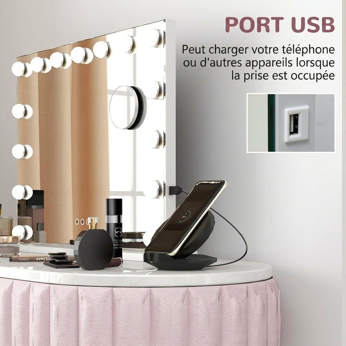 Miroir Maquillage Hollywood 58 x 48 cm, Miroir Coiffeuse LED, 15 Ampoules, 3 Modes d'Éclairage, Port USB de Charge-3