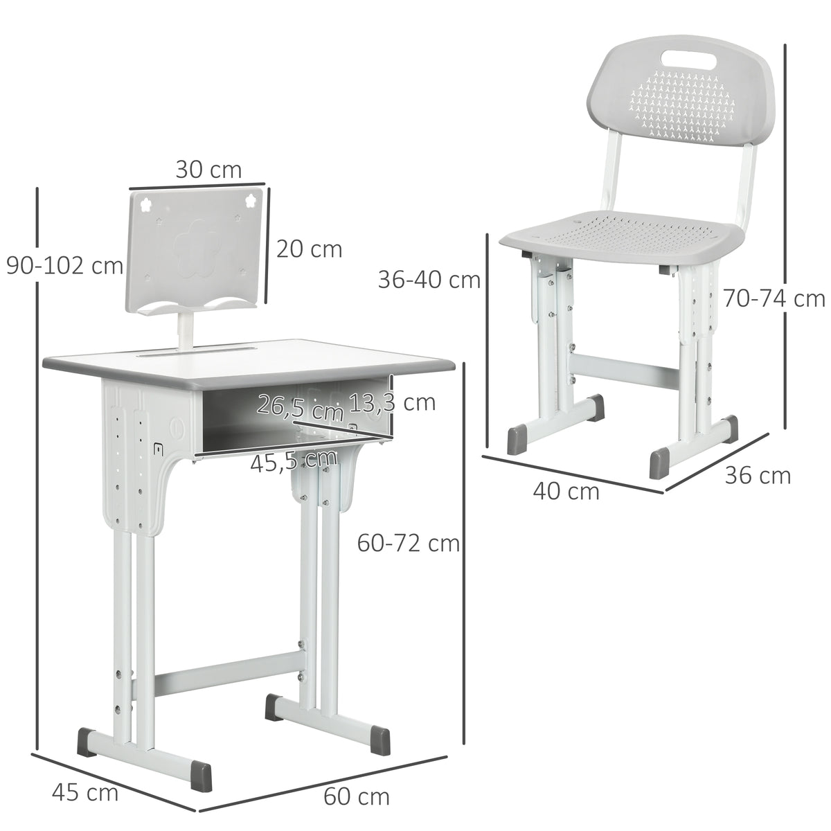 Bureau et chaise pour enfant lot de 2 avec support de lecture casier crochet et porte stylo 60 x 45x 90-102 cm gris-2