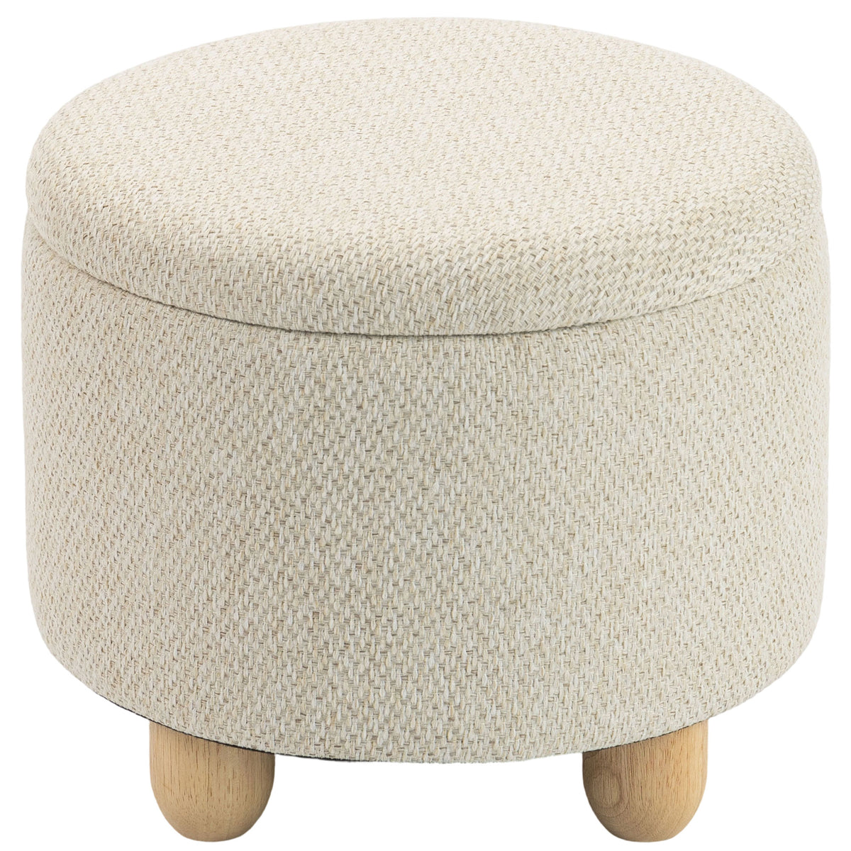 Pouf Coffre de Rangement Rond en Toile de Jute, Repose-pieds avec Couvercle, Pieds Bois Hévéa, Beige-0