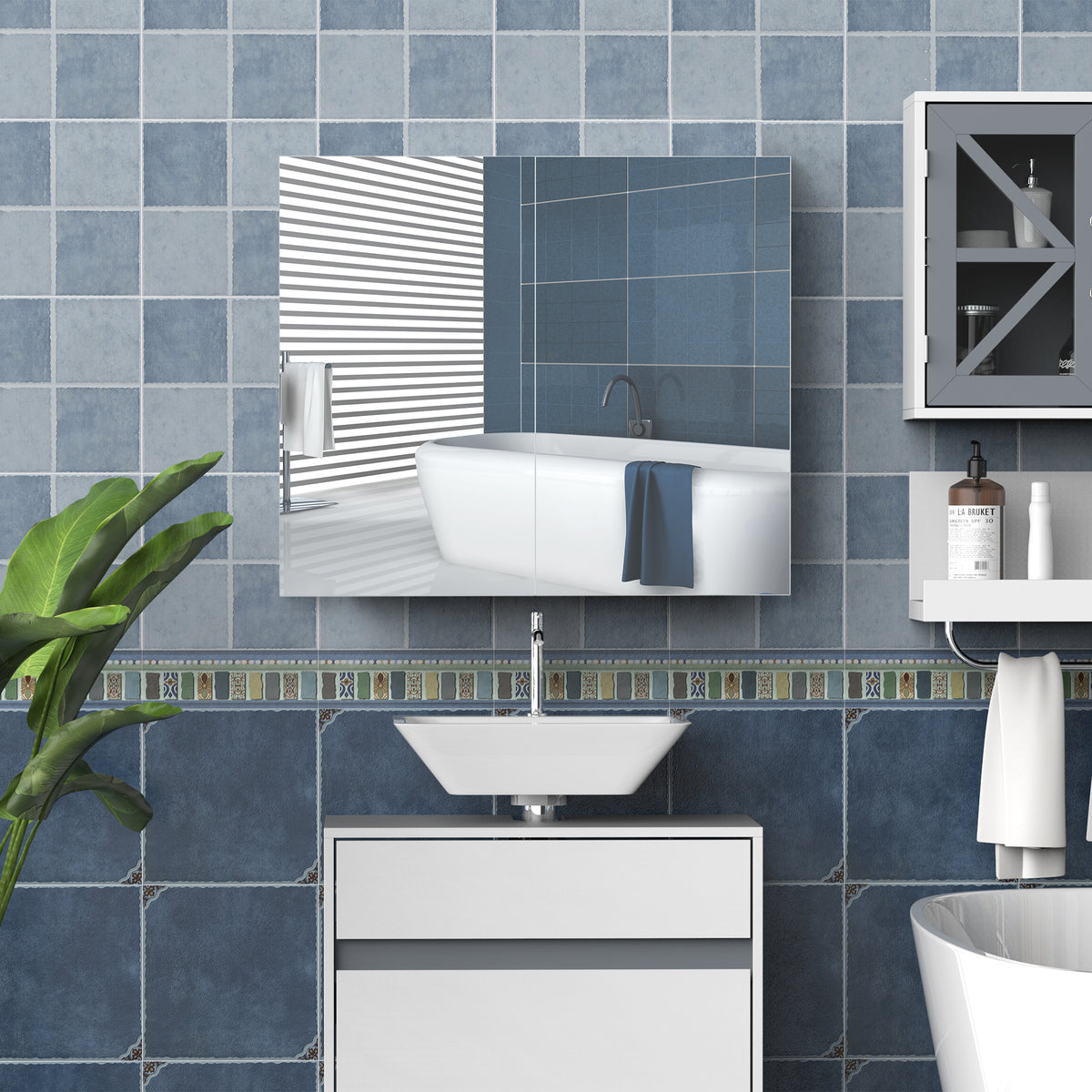 Armoire murale salle de bain avec miroir 70 x 60 cm avec étagère réglable, miroir salle de bain avec rangement, blanc-1