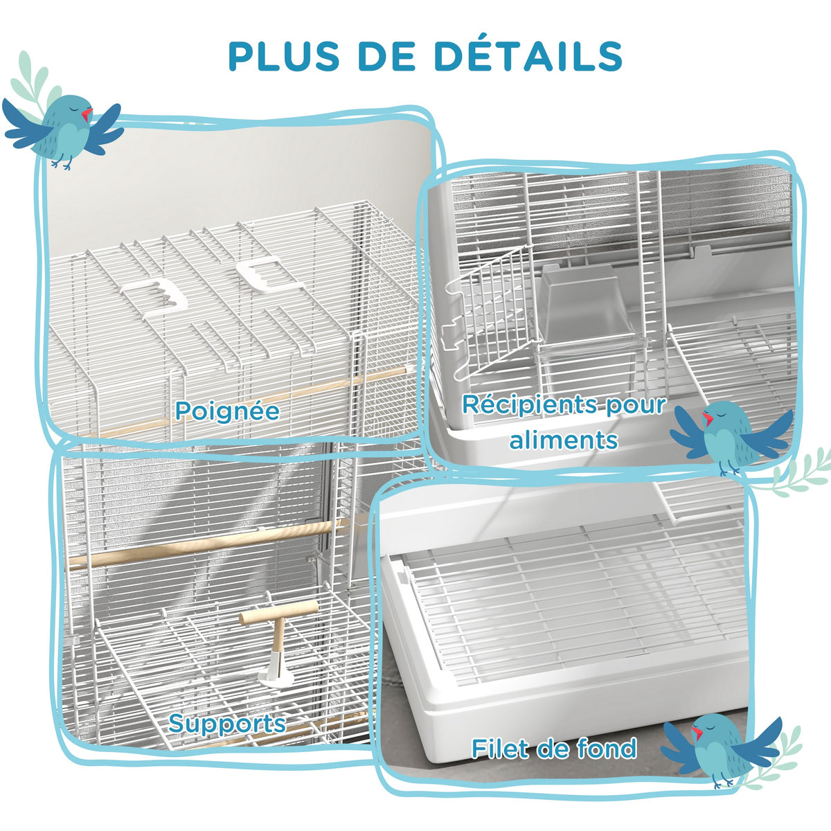 Cage à oiseaux volière avec portes perchoirs cage pour canaris perruches perroquets 61 x 36,5 x 98 cm blanc-6