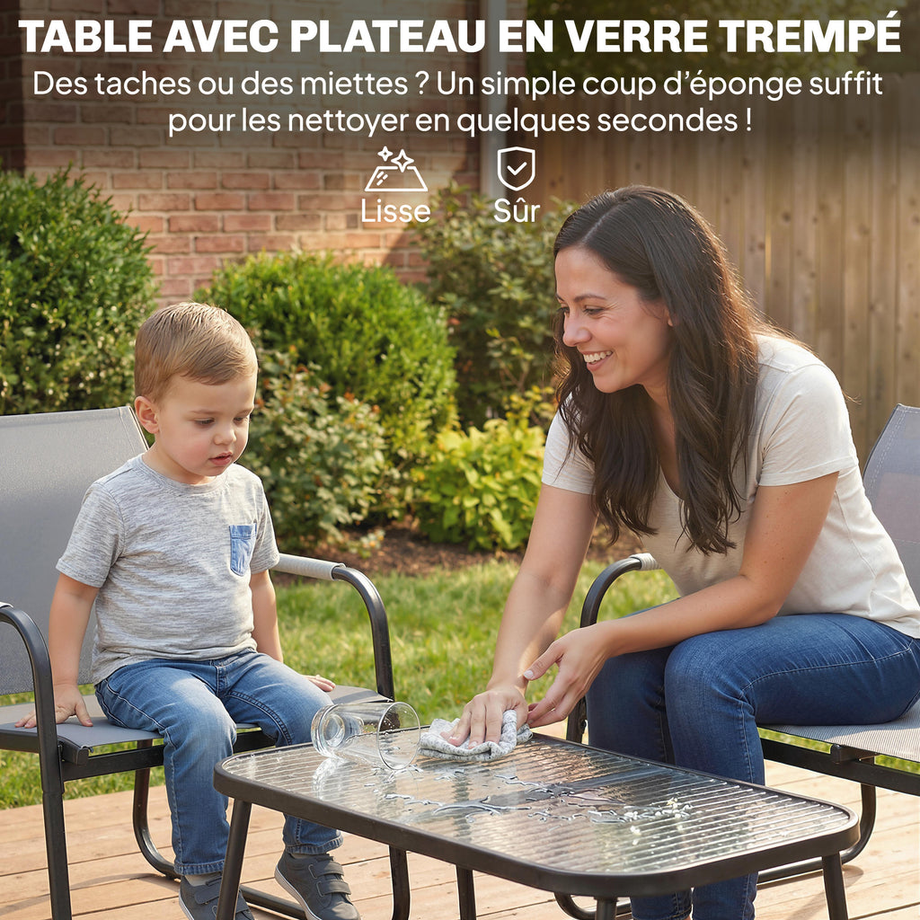 Salon de Jardin Ensemble de Terrasse en Acier et Textilène 4 Pièces avec Accoudoirs Corde Tressée Gris-5