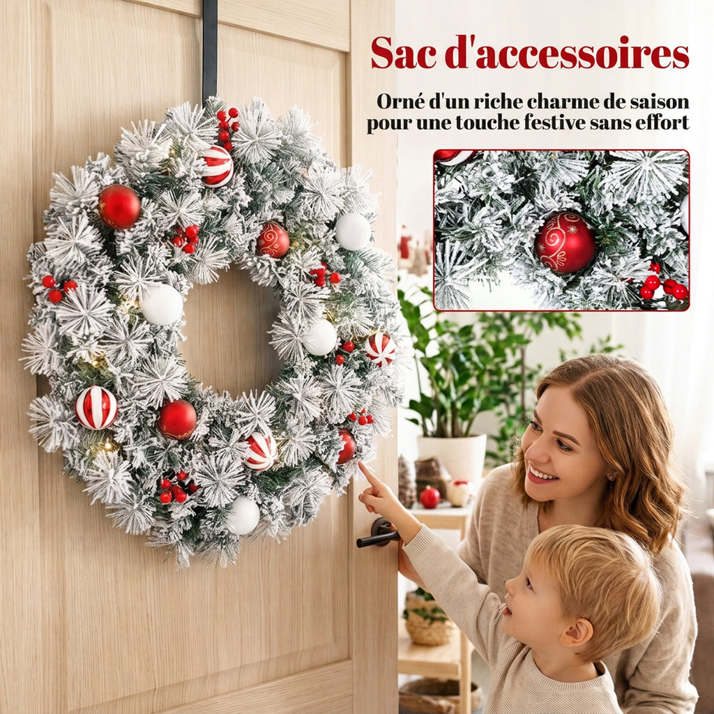 Couronne de Noël Lumineuse 60 cm Enneigée Floquée avec 50 LED, 15 Boules Décoratives, 140 Branches, 8 Modes, Vert-5