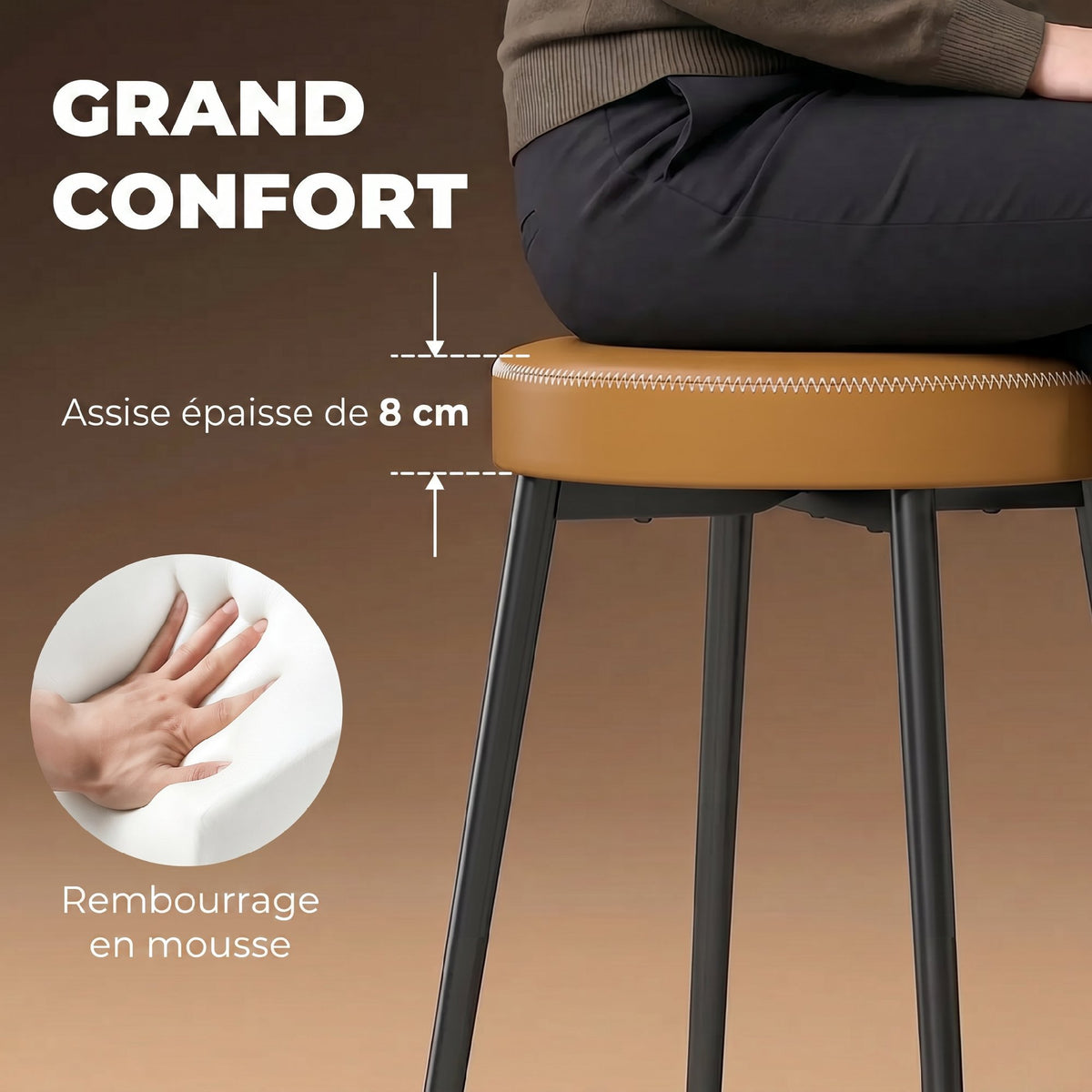 Lot de 2 chaises de salle à manger rondes, chaises de cuisine empilables avec assise rembourrée en PU, marron et noir-3