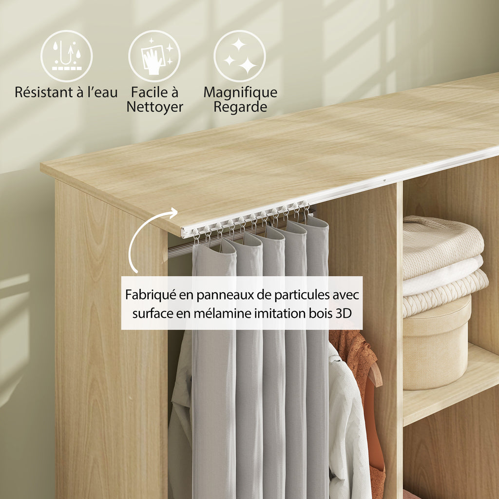 Armoire penderie Meuble de Rangement Mobile 6 roulettes 120L x 40l x 128H cm en bois naturel-3
