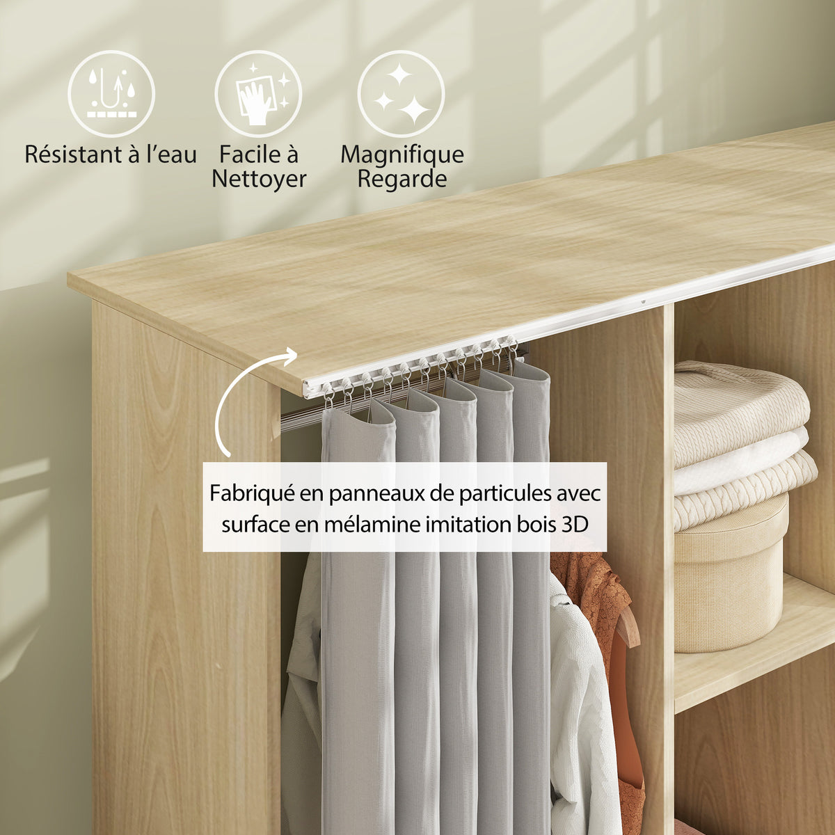 Armoire penderie Meuble de Rangement Mobile 6 roulettes 120L x 40l x 128H cm en bois naturel-3