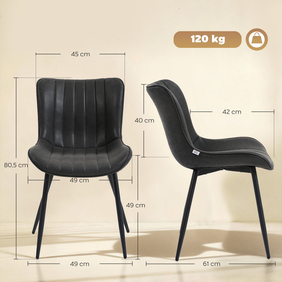 Lot de 2 chaises de salle à manger design moderne et capitonné pour salon, salle à manger, chambre à coucher, noir-2