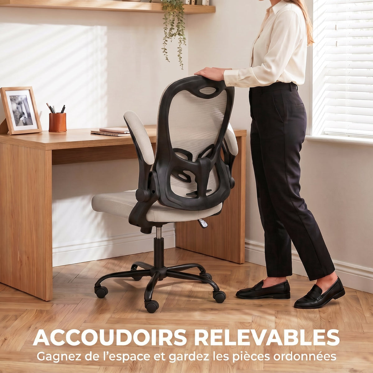 Chaise Bureau Ergonomique, Fauteuil de Bureau Maille, Accoudoirs Relevables, Hauteur Réglable, Fonction Bascule, Beige-3