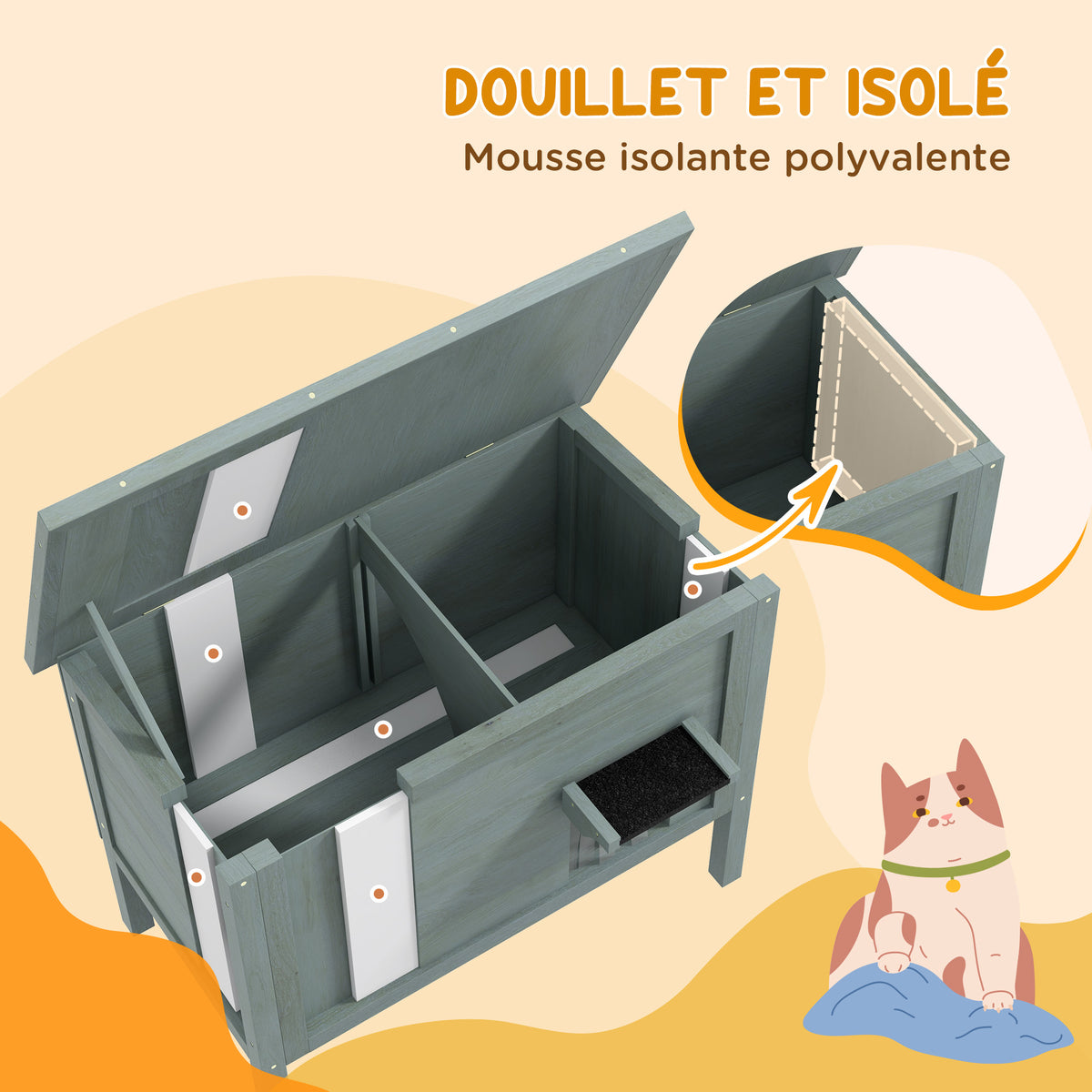 Maison pour chats niche d'extérieur en bois surélevée avec toit ouvrable isolée  85 x 50 x 68,5 cm gris foncé et noir-3