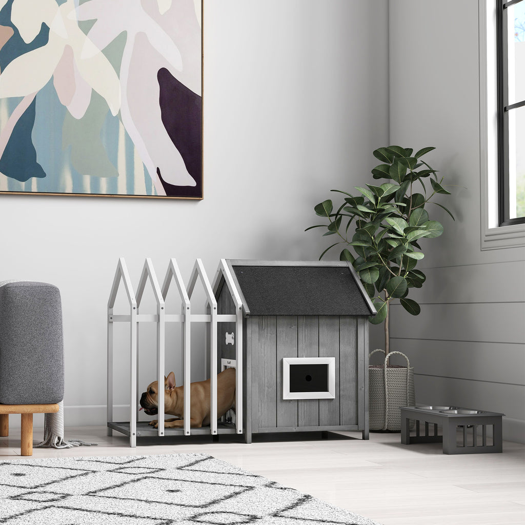 Niche pour chien extérieur en bois maison chien extérieur avec terrasse, porte à lamelles, 106 x 62,5 x 80,5 cm, gris-7