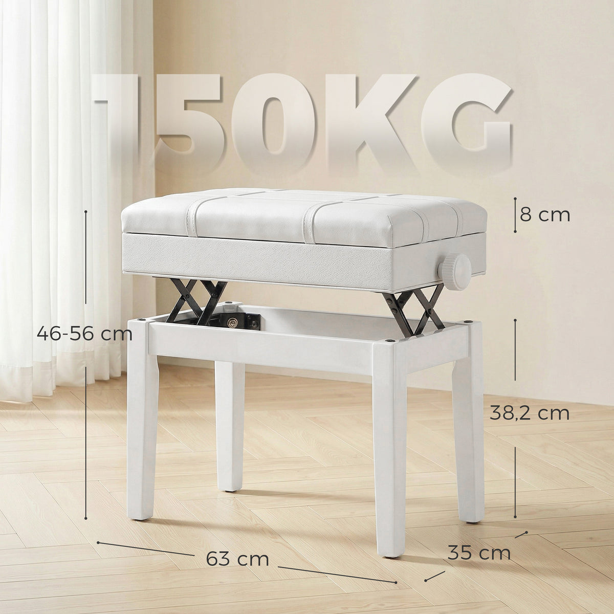 Banquette tabouret siège pour piano coffre intégré hauteur réglable bois hévéa assise revêtement synthétique blanc-2