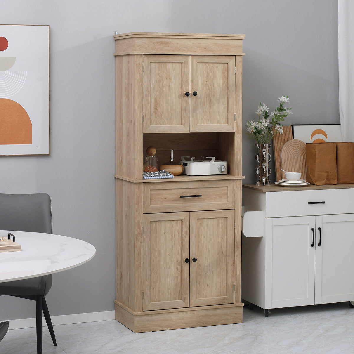 Armoire de cuisine buffet cuisine vaisselier meuble de rangement style moderne avec placards, étagères réglables, tiroir, et niche, pour salle à manger, salon, 74 x 39,5 x 183 cm, chêne clair-9