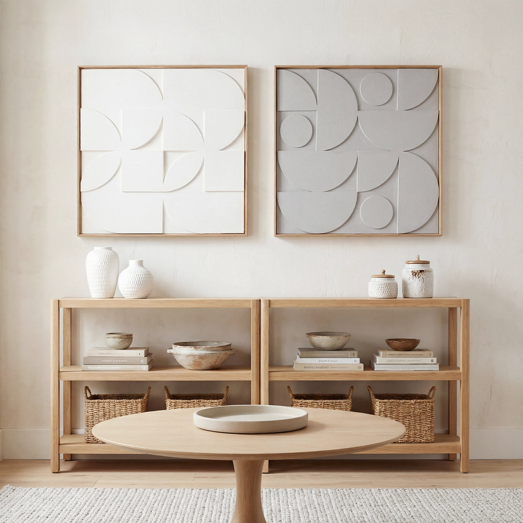 Lot de 2 tableaux abstraits 3D, décoration murale en bois géométrique, pour salon, chambre, bureau, 80 x 80 cm, blanc-7