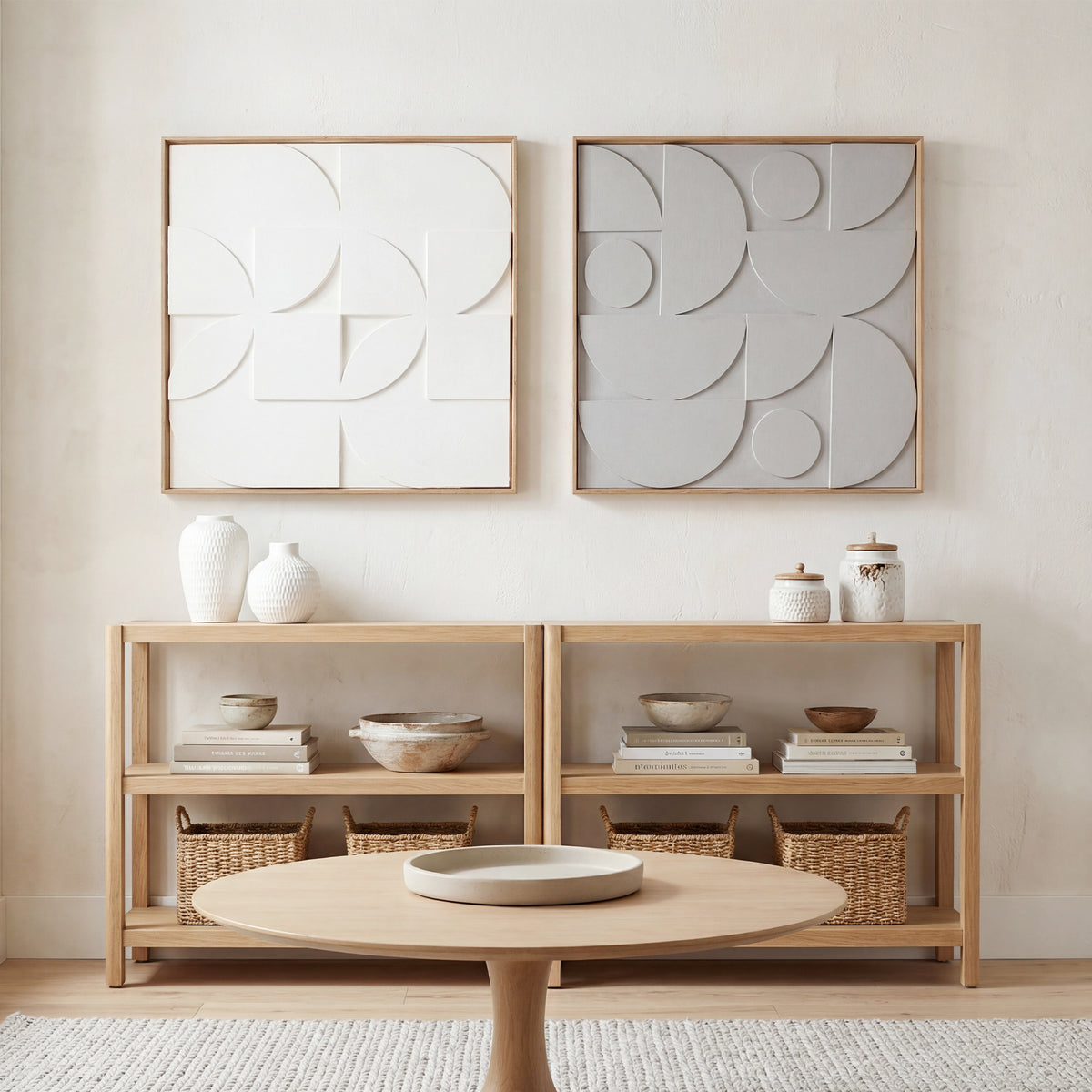 Lot de 2 tableaux abstraits 3D, décoration murale en bois géométrique, pour salon, chambre, bureau, 80 x 80 cm, blanc-7