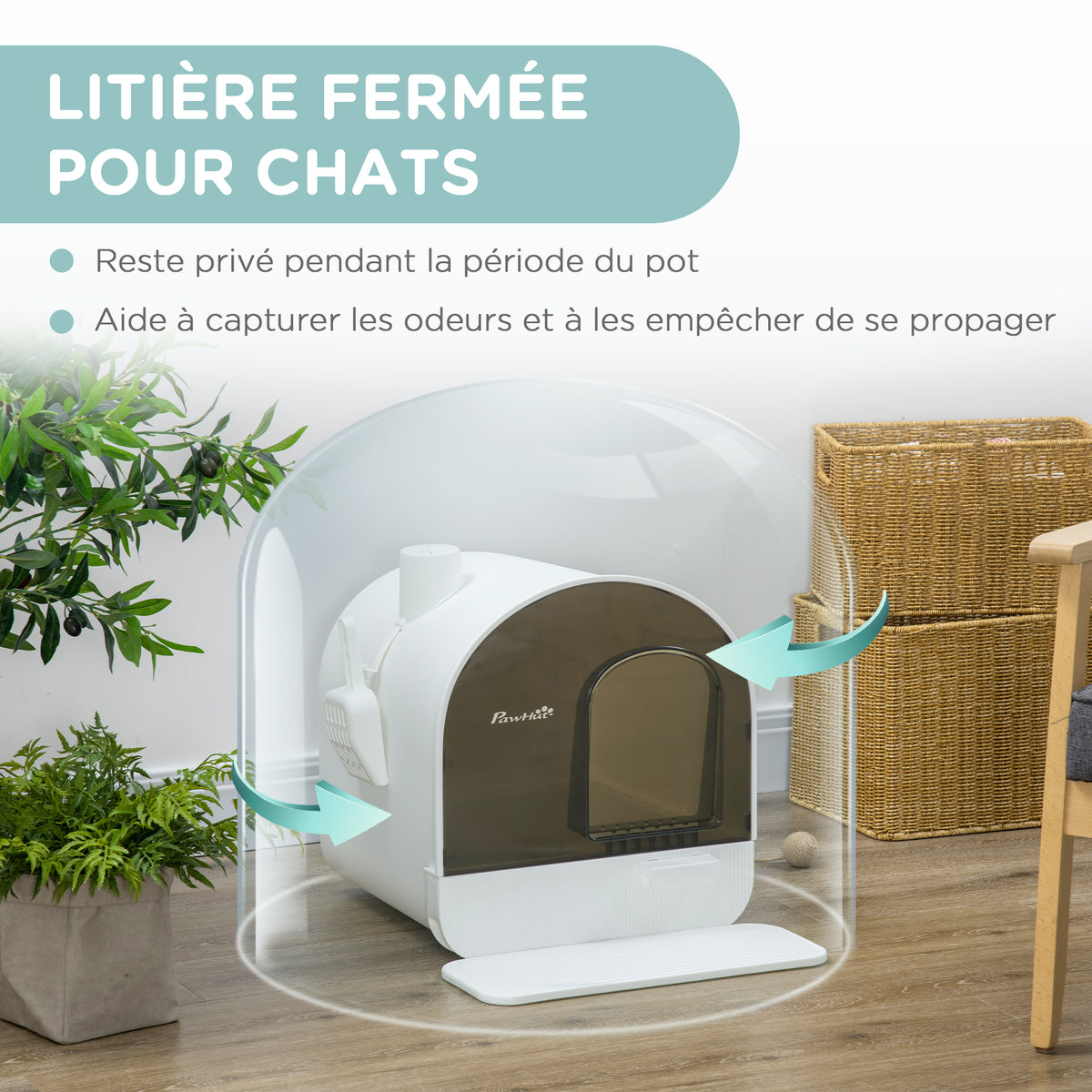 Maison de toilette pour chat avec tiroir amovible, bac à litière fermé avec tapis anti-trace, pelle, filtre anti-odeur et porte battante, nettoyage facile, 43 x 44 x 47 cm, blanc-4