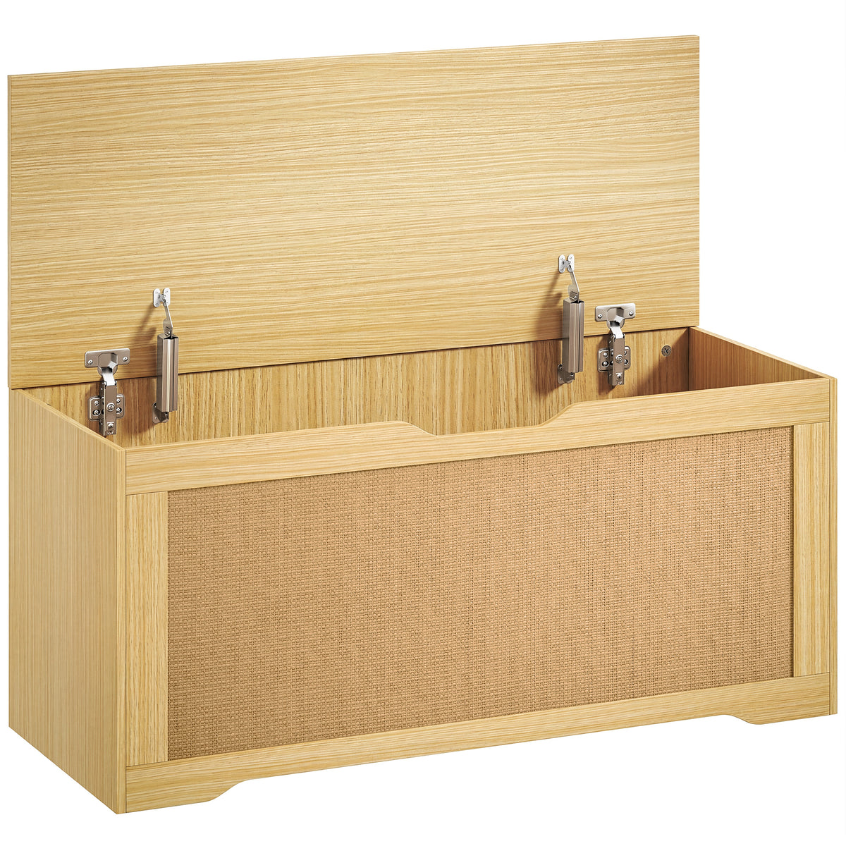 Coffre de Rangement en Rotin 136L, Banc Coffre avec Couvercle Relevable et 2 Charnières de Sécurité, Chêne-0
