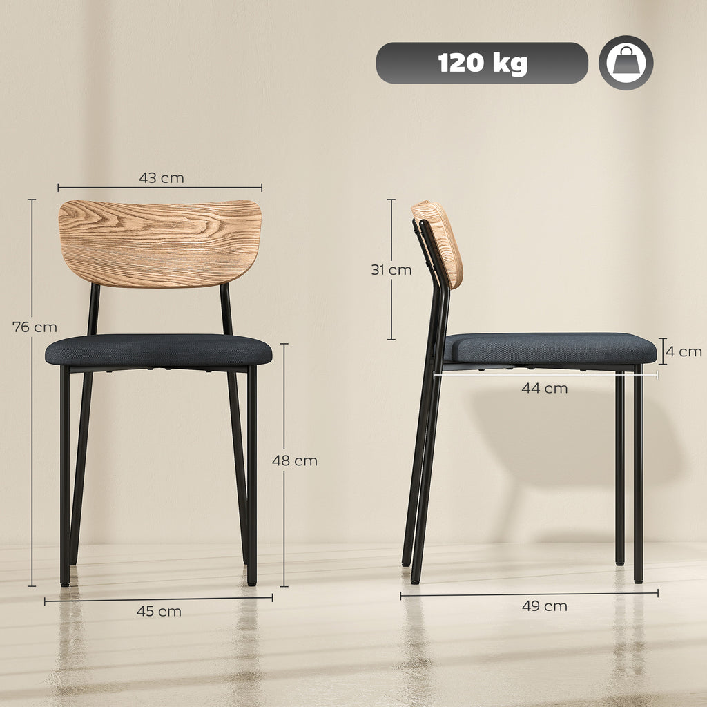 Lot de 2 chaises de salle à manger avec pieds en acier, dossier incurvé et assise rembourrée, gris et effet bois naturel-2