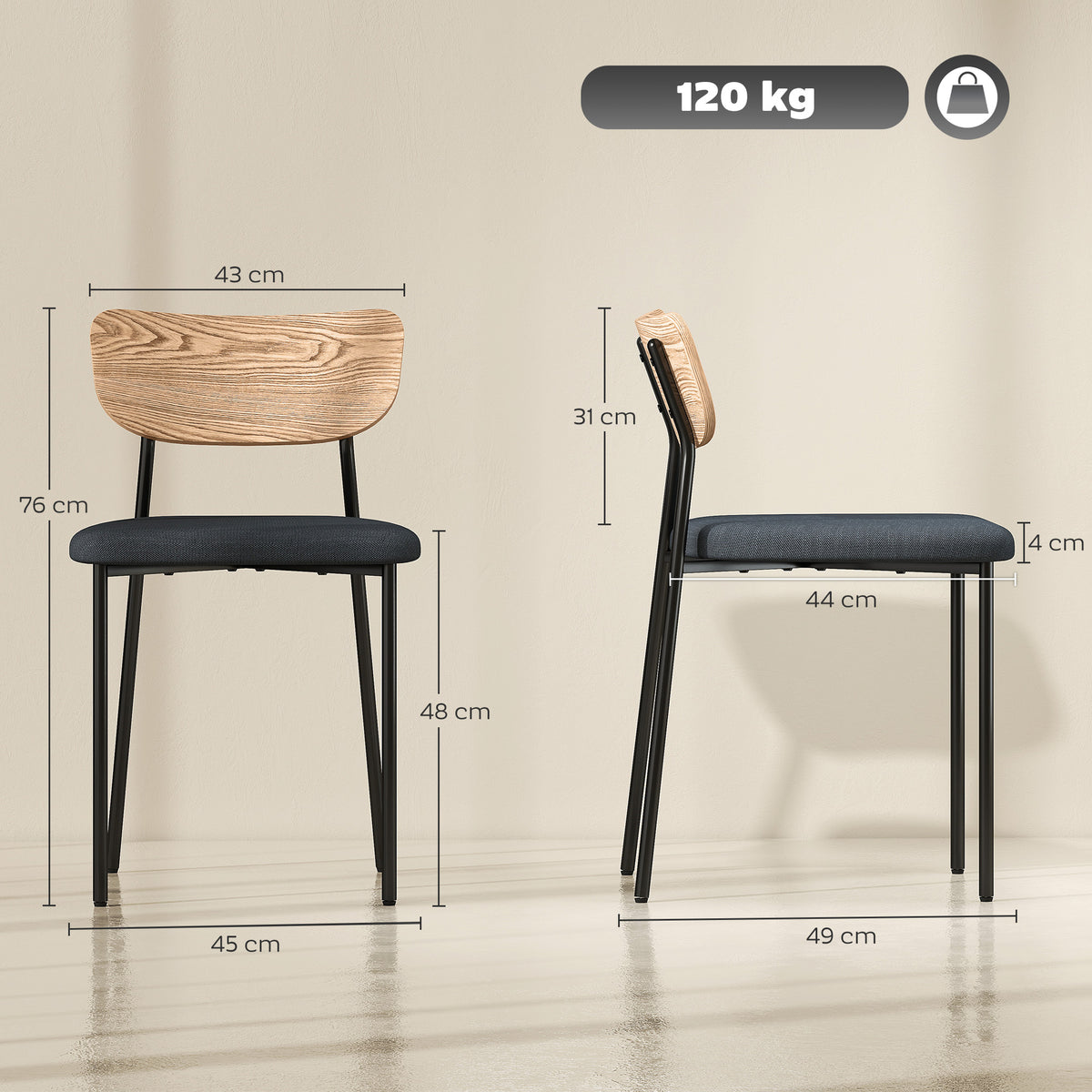 Lot de 2 chaises de salle à manger avec pieds en acier, dossier incurvé et assise rembourrée, gris et effet bois naturel-2