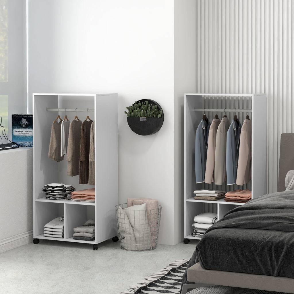 Lot de 2 portants à vêtements penderie mobile avec roulettes 2 niches + Grand Espace penderie en bois Blanc-9