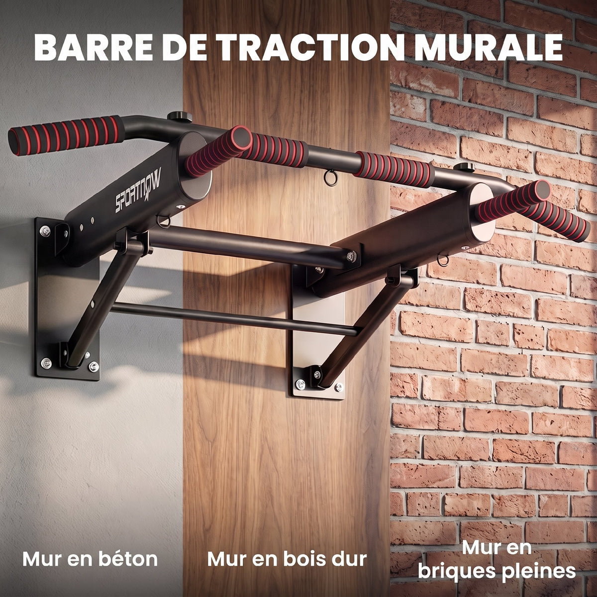 Barre de Traction Murale Pliable avec Poignées Antidérapantes, 3 Crochets pour Bandes de Résistance, 98x65x31cm, Noir-3