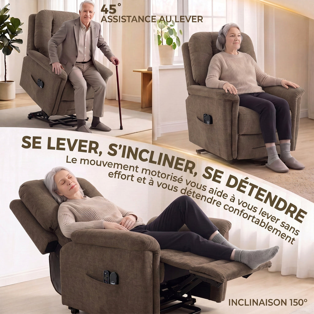 Fauteuil Releveur Électrique Massage et Chaleur Fauteuil Relax Électrique Velours Port USB Dossier Inclinable Marron-3