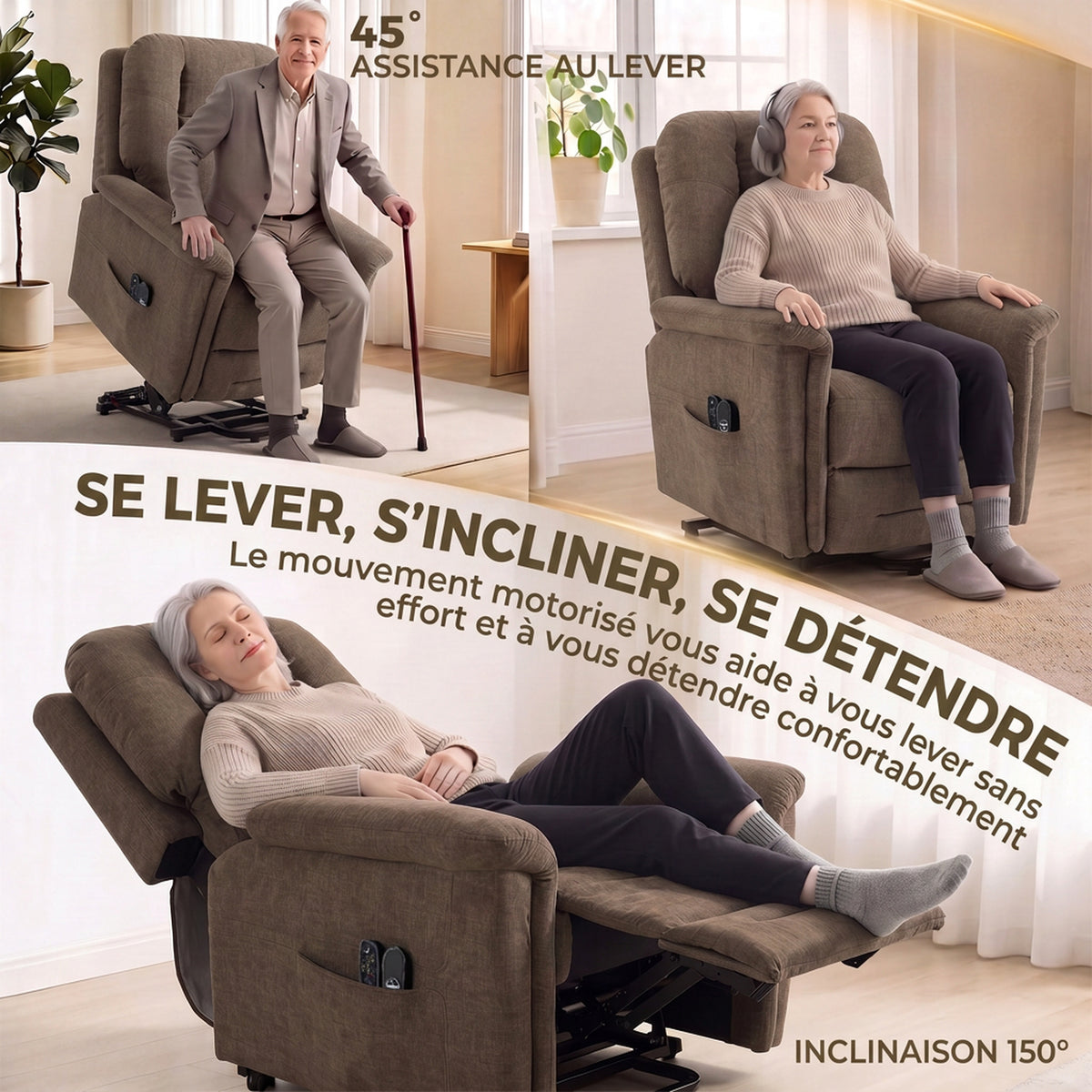 Fauteuil Releveur Électrique Massage et Chaleur Fauteuil Relax Électrique Velours Port USB Dossier Inclinable Marron-3