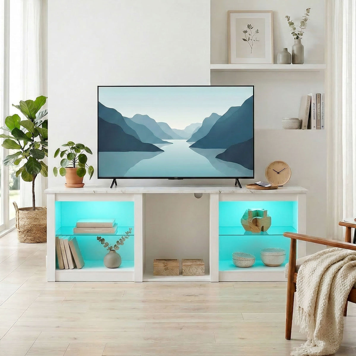 Meuble TV avec éclairage LED pour télévision jusqu'à 70 pouces, 160cm avec étagères en verre réglables, blanc-8